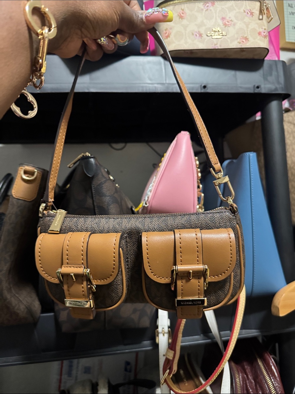 Michael Kors Brown and Tan Leather Mini Double-Pocket Shoulder Bag